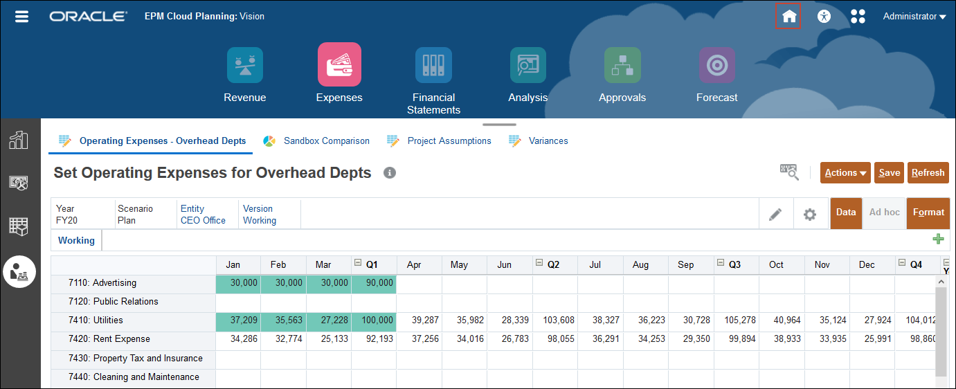 Set Operating Expenses for Overhead Departments Form with Home Highlighted