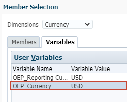 Selecting the OEP_Currency variable