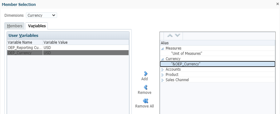 Currency variable selected
