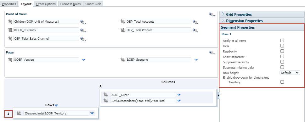 Display segment properties for rows