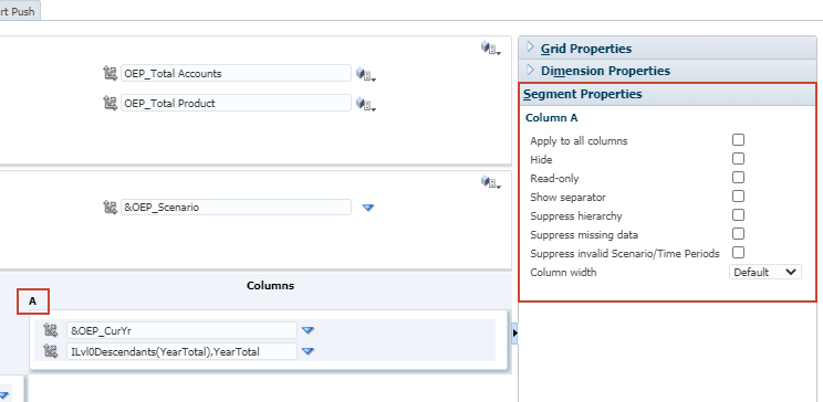 Display segment properties for rows