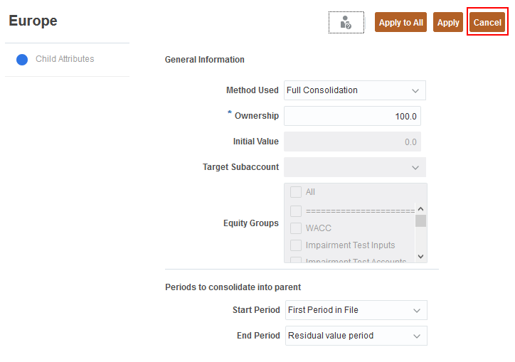 advanced consolidation features with Cancel highlighted