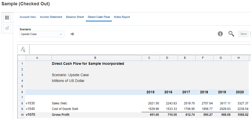 Direct Cash Flow report for the Upside Case scenario.