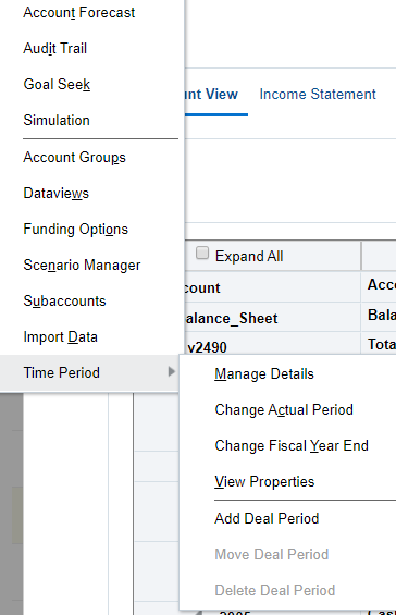 Time Period action menu options