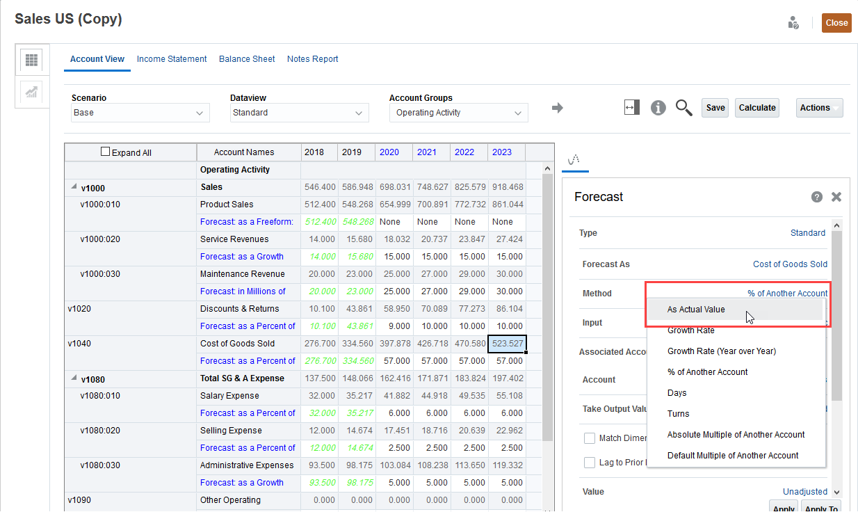 Change forecast method to As Actual Value