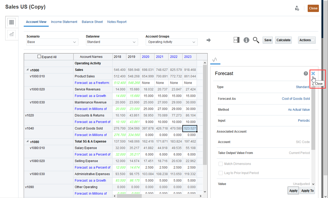 Close Forecast panel