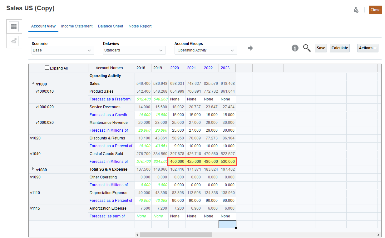 Input values for Cost of Goods Sold