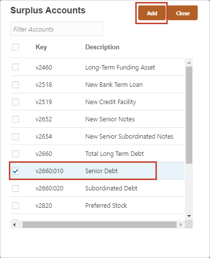 Surplus Accounts, Senior Debt selected