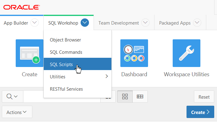 SQL Workshop menu