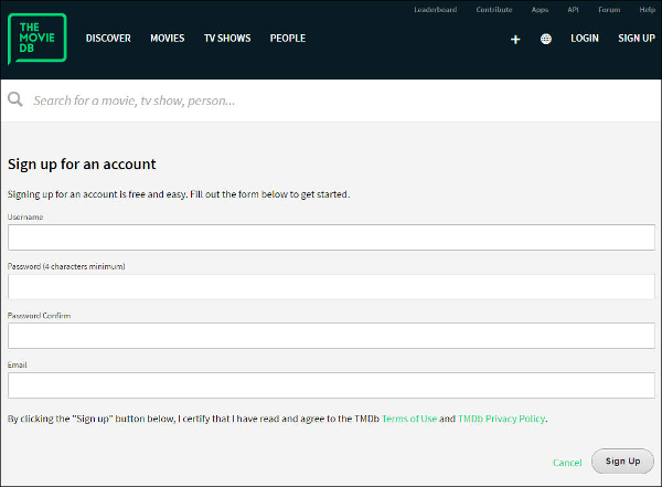 register for account with tmdb