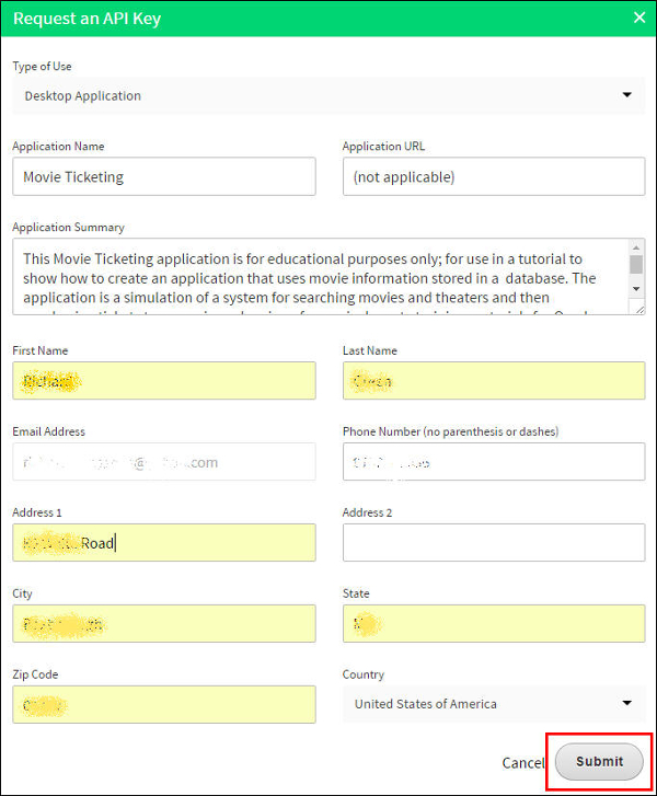 request an API key dialog