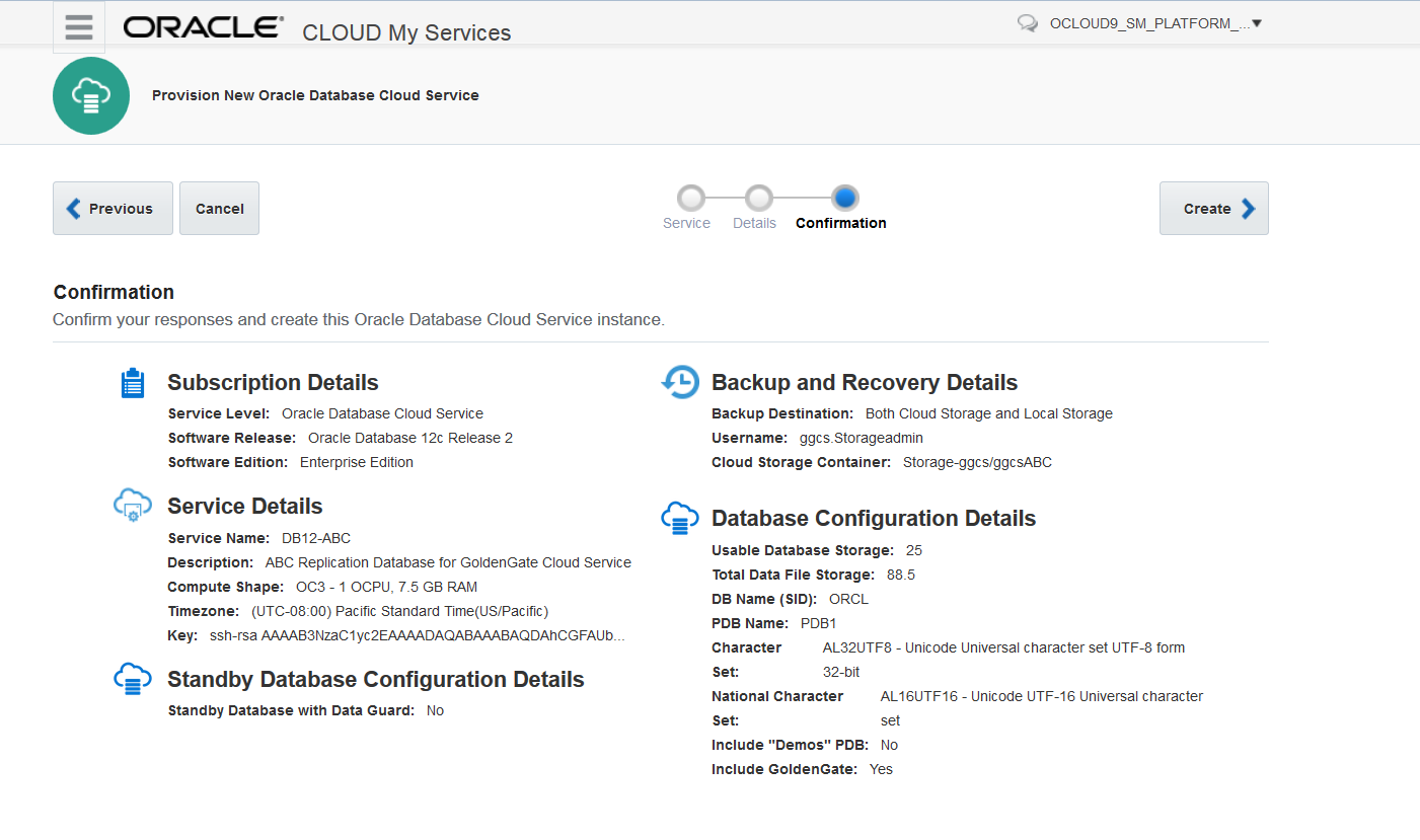 Database CLoud Service Confirmation Page