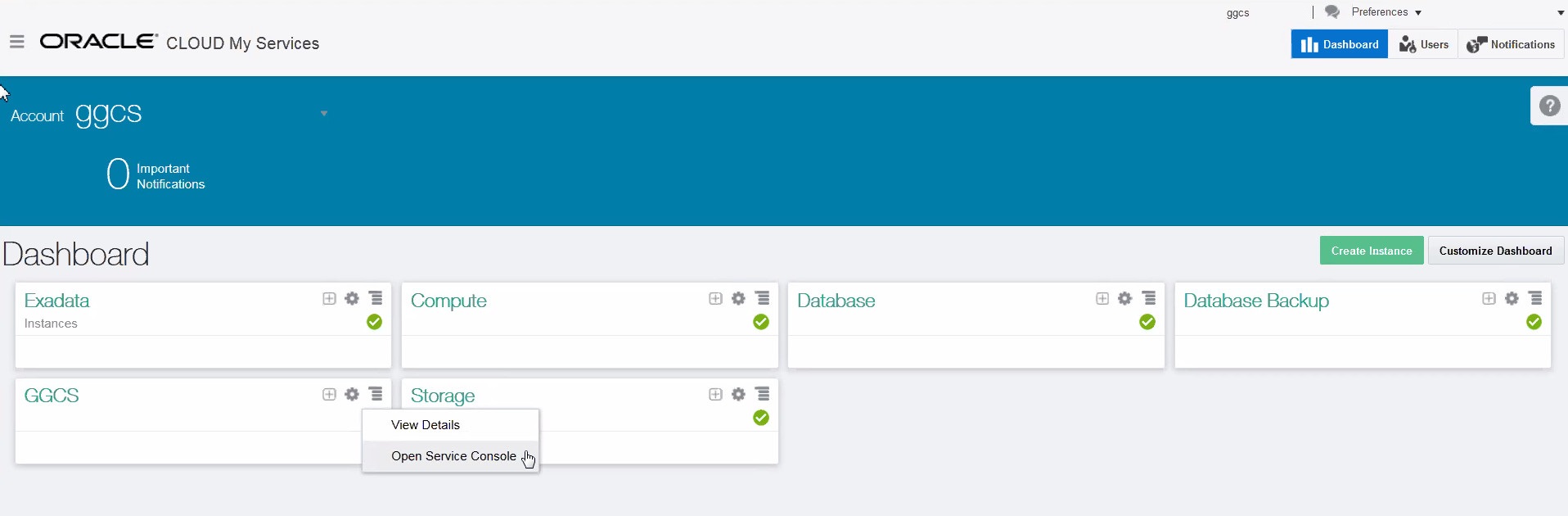 My Services GoldenGate Console Link