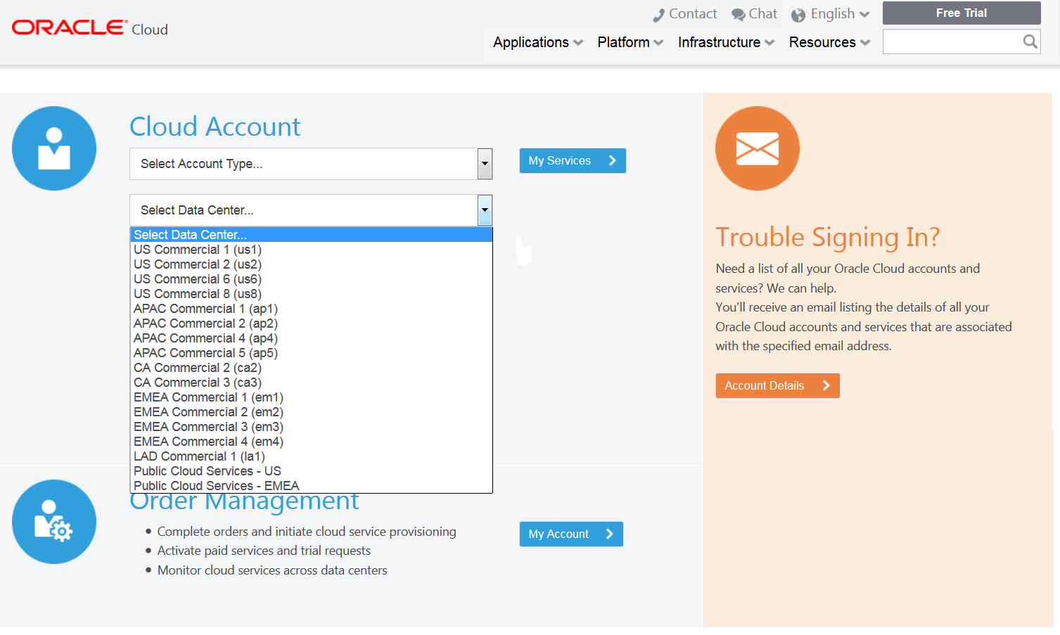 Select Data Center and then click My Services in Oracle Public Cloud
