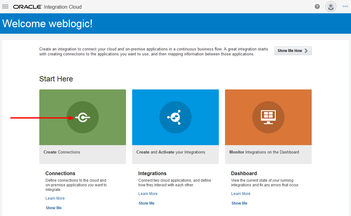 This image shows the IC home page with arrow pointing to the Create Connections box