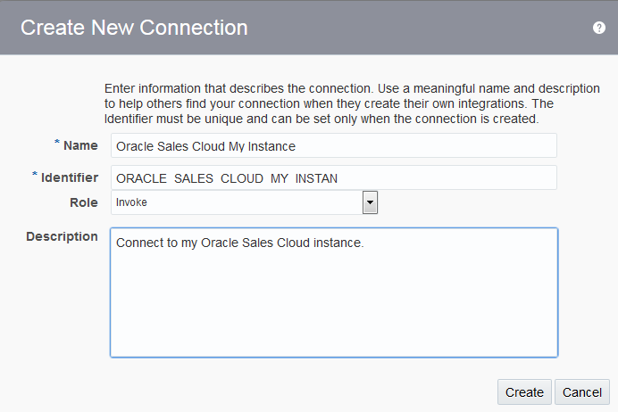 This image shows the New Connection dialog with information that describes the Oracle Sales Cloud My Instance