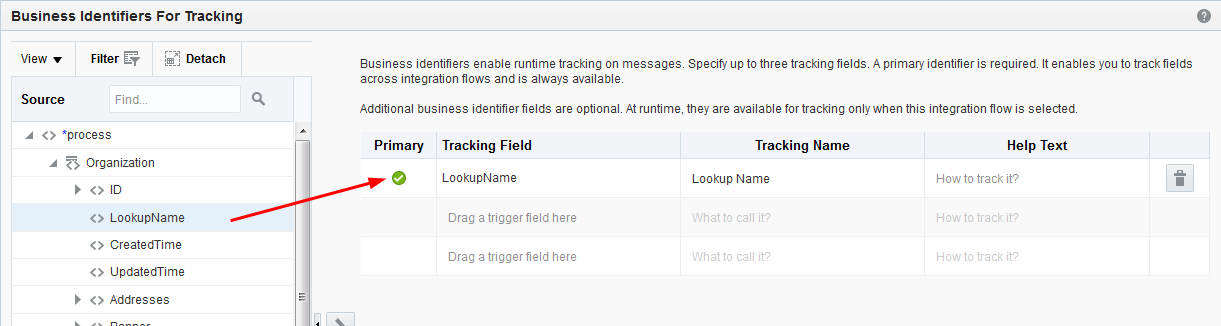 This image shows a field from the Available Source Fields section being dragged to the Tracking Field row.