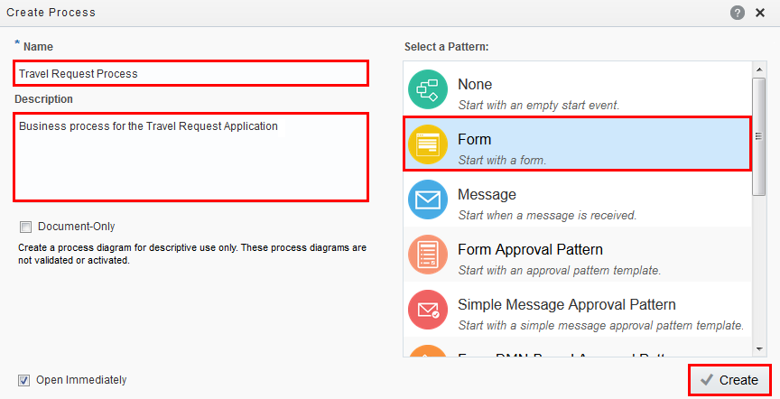 Create Process dialog