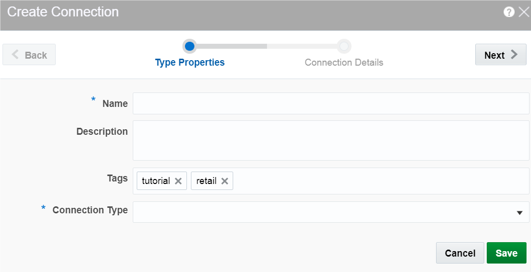 The Properties tab of the Create Connection dialog box