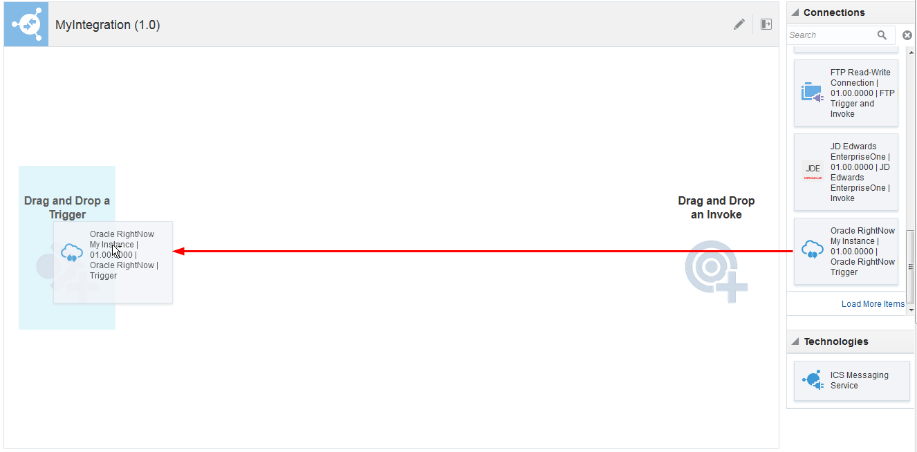This image shows the integration canvas and the drag-and-drop of the connection over the Source target