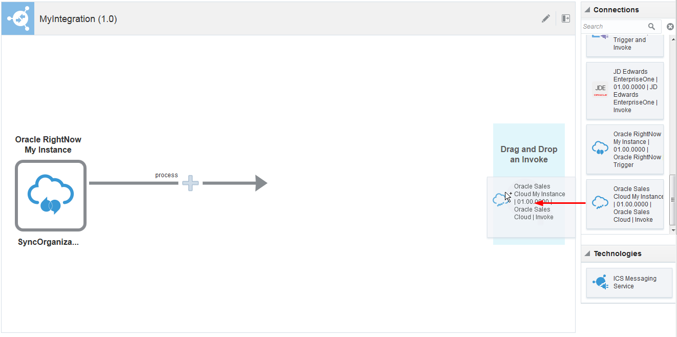 This image shows the integration canvas and the drag-and-drop of the connection over the Target area