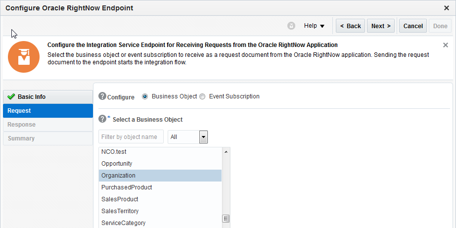 This image shows the selection of the Organization object from the list of business objects