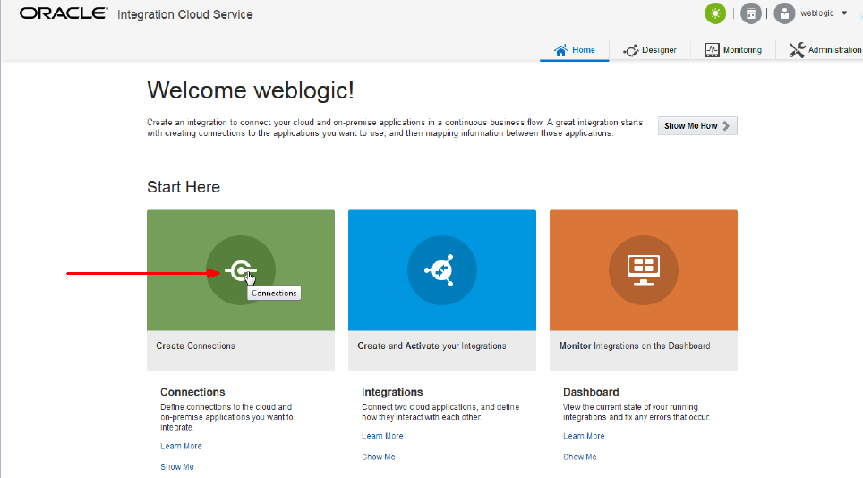 This image shows the ICS home page with arrow pointing to the create connection box
