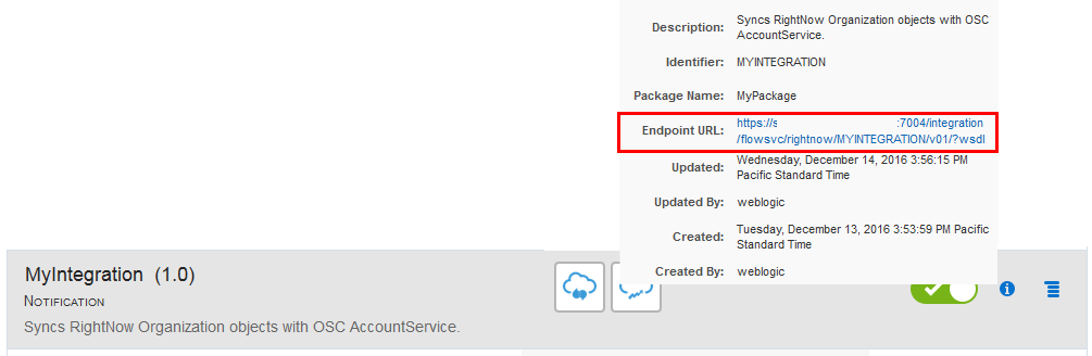 This image shows the  integration information icon clicked with the endpoint URL in a red box