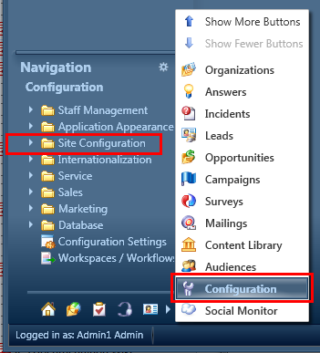 This image shows the Site Configuration menu