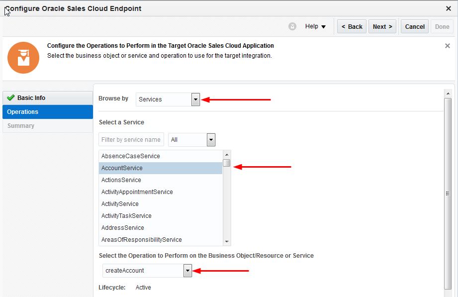 This image shows the AccountServices item in the Services list and the corresponding createAccount operation