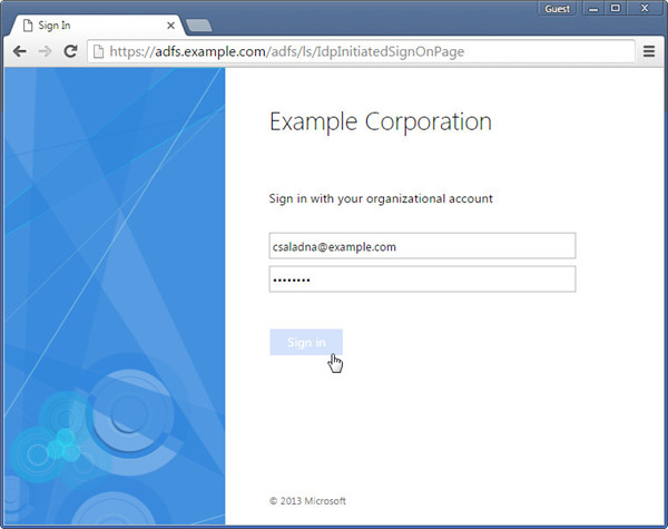 AD FS Sign-In form fulfilled. Mouse clicking the Sign-In button
