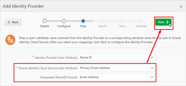 Identity Provider creation page with the Oracle Identity Cloud Service User Attribute and the Requested NameID Format fields highlighted.