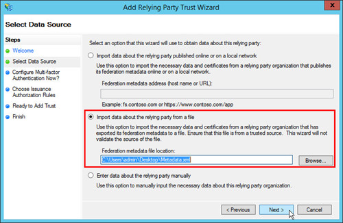 Add Relying Party Trust wizard window with the Import data about the relying party from a file section highlighted and mouse over the Next button.