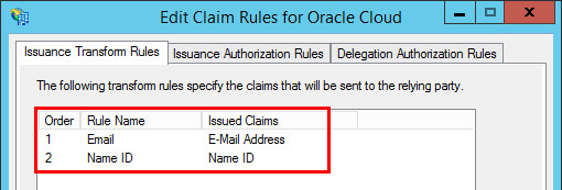 Claim Rules window with the Email and the Name ID rules displayed.