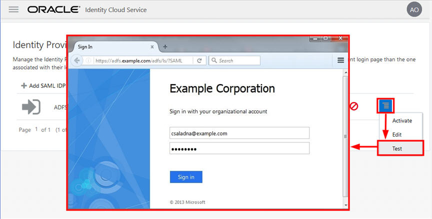 Identity Provider Page with Test Login link highlighted in the background. AD FS Login page in a foreground with mouse over the Sign-In button.