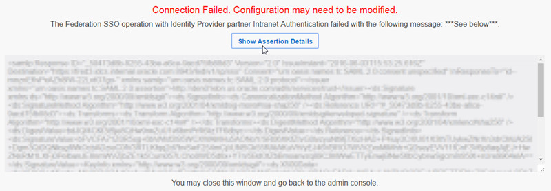 Connection Failed page with the Assertion Details section.