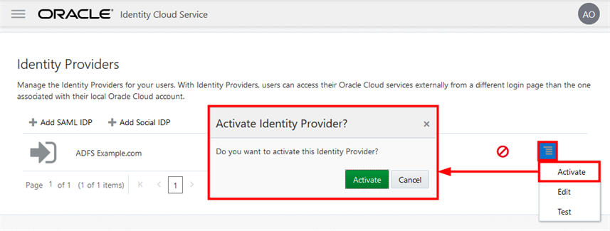 Identity Providers Page. Activating the IdP.