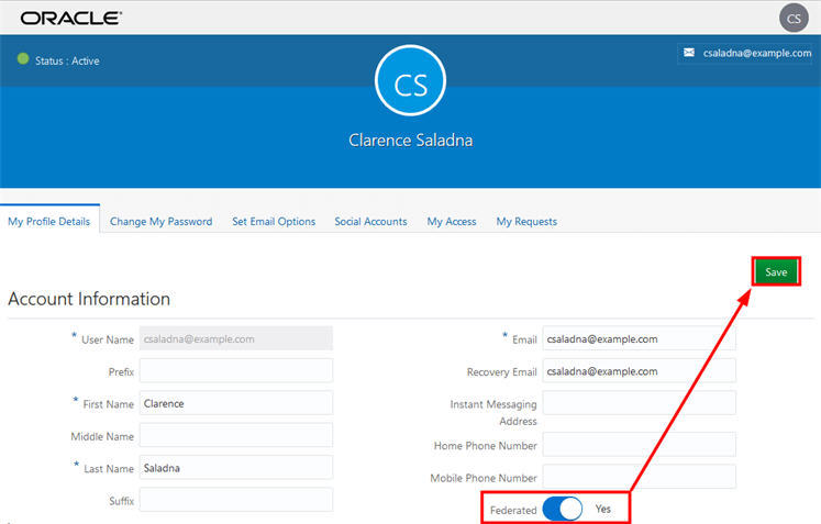 Users page with the Federated switch and the update button highlighted.
