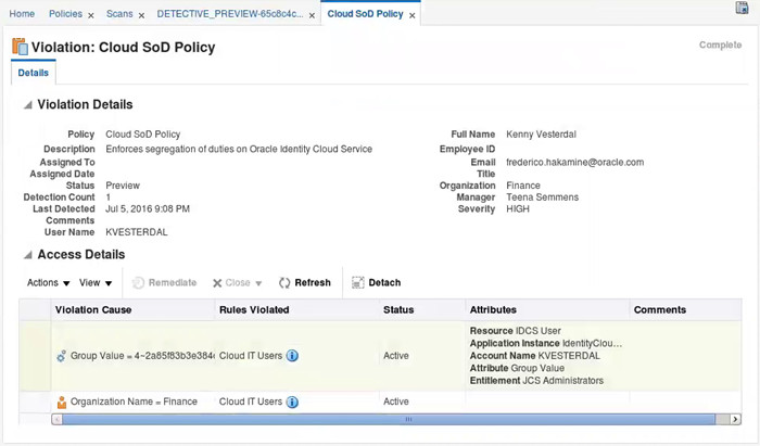 Violation details page with information about Kenny Vesterdal's violation
