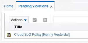 Pending Violations page displaying the Cloud SoD Policy violation for Kenny Vesterdal