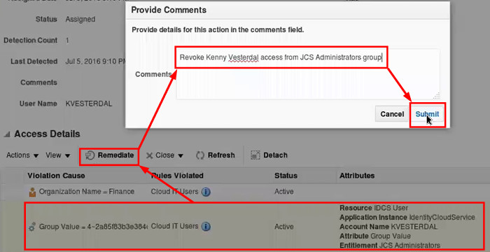 Policy Violation details page and the comments dialog box displaying the policy remediation for Kenny Vesterdal