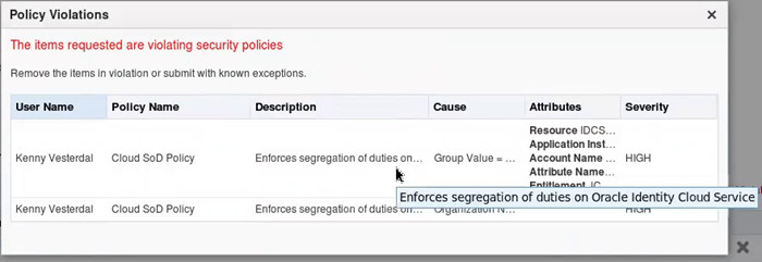 Policy Violations dialog box with details about the violation