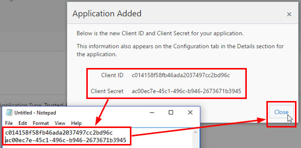 Application Added screen in Identity Cloud Service UI - Copying the client ID and Secret