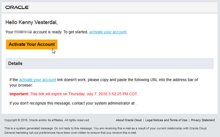 Oracle Identity Cloud Service Welcome notification