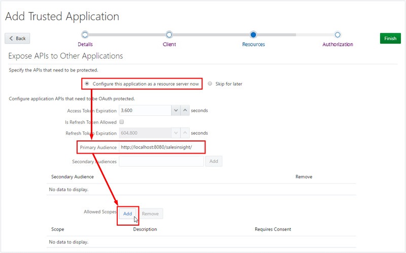 Add application in Identity Cloud Service UI - Configuring application resources.