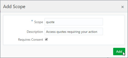 Add Scope dialog window in Identity Cloud Service UI - enter scope, description, and select requires consent.