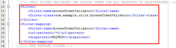 web.xml file. Servlet filter snippet uncommented.