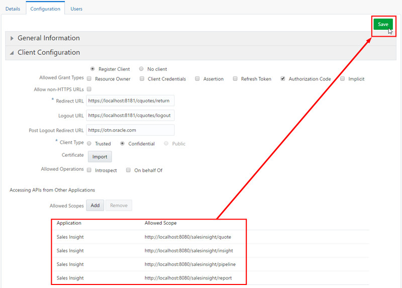 Customer Quotes - Updating the application configuration with new scopes
