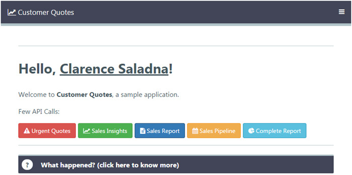 Customer Quotes application - Welcome screen with additional API calls from Sales Insight
