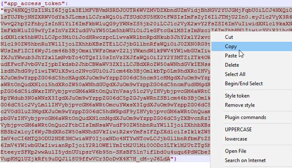 Text editor with the access token highlighted and mouse over the copy button.